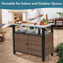 Grill Cart Outdoor with Wheels, Outdoor Prep Table with Wicker Storage and Rolling Wheels, Kitchen Island Serving Cart with Stainless Steel Table Top for BBQ, Porch, Patio, Brown by CozyNest Decor