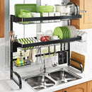 3 Tier Extra Large Stainless Steel Expandable Over The Sink Dish Drainer Drying Rack, Rust Proof Metal, Space Saving, Modern Black Big Capacity Extendable Plate Strainers Above Kitchen Counter by CozyNest Decor