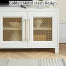 JYED Mid Century Modern TV Stand for TVs up to 75", 69.5" W White Entertainment Center with 4 Gold Metal Mesh Doors - Wood Grain MDF TV Console, Media Storage by CozyNest Decor