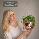 SCANDINORDICA Disco Ball Planter – Value Package: Mirror Disco Planter with Chain, Macrame Hanger and Acrylic Stand for Desk, Includes Self Watering Insert, Plant Gifts | 8 inch Rose Gold by GreenHaven Gardens