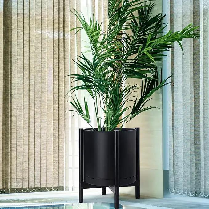 D'vine Dev Planter Pot with Stand - 16 Inch Plastic Cylinder Flower Pot with Wood Planter Holder for Indoor, Matte Black Pot + Ebony Stand, 55-C-Z-2, photo 6 of 7