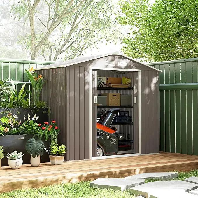 Outsunny 7' x 4' Outdoor Storage Shed, Garden Tool Metal Shed with Foundation Kit, Double Lockable Door, Air Vents and Sloping Roof, for Backyard, Patio, Lawn, Gray, photo 2 of 4
