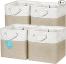 OrganiHaus 11x11 Cube Storage Bins 4 Pack, Foldable Cube Storage Organizer w/ Rope Handles, Collapsible Fabric Bins for Toys, Clothes & Closet Organization, Fabric Square Baskets - Beige/White by CozyNest Decor