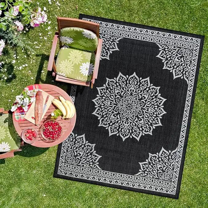 CAMILSON Outdoor Rug, 6x9 Medallion Black White Modern Area Rugs for Indoor and Outdoor Patios, Kitchen and Hallway Mats, Washable Porch Deck Outside Carpet (Medallion Black, 6 x 9), photo 6 of 10
