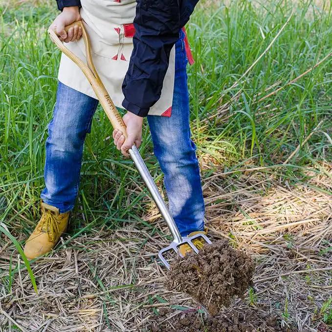 Berry&Bird Gardening Digging Fork, 4-Tine Stainless Steel Pitchfork, 43.9" Heavy Duty Spading Fork with D-Grip Handle and Ergonomic Ash Wood Handle for Digging, Planting, Cultivating, Aerating, photo 3 of 8