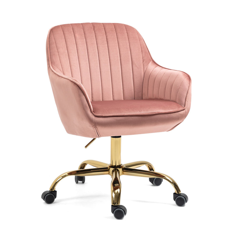 360 Pink Velvet Swivel Chair With High Back, Adjustable Working Chair With Golden Color Base
