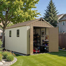 Patiowell 8 x 12 FT Plastic Outdoor Storage Shed with Floor, Resin Shed with Window and Lockable Door for Garden, Backyard, Tool Storage Use, Easy to Install in Brown (Kick-it Shed) by GreenHaven Gardens