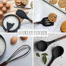 Country Kitchen Non Stick Silicone Utensil Set with Rounded Wood Handles for Cooking and Baking, 8 Piece Set, Black by CozyNest Decor