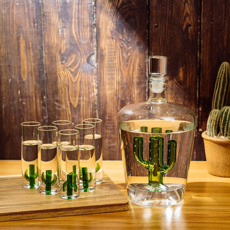 Tequila Decanter Set with Cactus Decanter and 6 Cactus Shot Glasses Set, Perfect for Holiday Gifts for Tequila Lovers, 25 Ounce Bottle, 3 Ounce Shot Glasses Cinco De Mayo, Reposado Gift (Cactus)