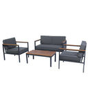 4 Piece Outdoor Sofa Set with Acacia Wood Top, Padded Patio Conversation Table Chair Set w/Coffee Table for Garden, Backyard, Poolside Dark Grey Cushion