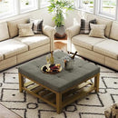 Large Square Ottoman Coffee Table, Linen Solid Upholstered Footrest Ottoman with Solid Wood Shelf Storage Tufted Coffee Table for Bedroom Living Room, Granite by CozyNest Decor