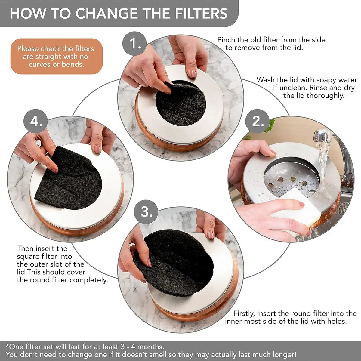 RED FACTOR Premium Compost Bin for Kitchen Countertop - Stainless Steel Food Waste Bucket with Innovative Dual Filter Technology - Includes Spare Filters (Matt Copper, 1.3 Gallon), photo 6 of 6