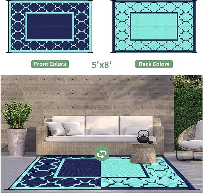 GENIMO 5 ' x 8 ' Outdoor Rug for Patio, Waterproof Indoor Outdoor Plastic Straw Rugs Carpet, Reversible Outside Area Mat for Camping, Balcony Porch, Deck, Picnic, Beach Navy Blue & Jade Green, photo 4 of 7