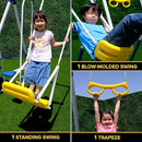 Sportspower Super 9 Metal Swing Set: Teeter Totter, 2 Kid Glide Ride Swing/Roman Glider Swing, Standing Swing + Trapeze Bar, Blow Molded Swing + 5' Wavy Slide Bonus 4pc Anchor Kit*, Blue/Yellow by TinyTreasures Baby Boutique