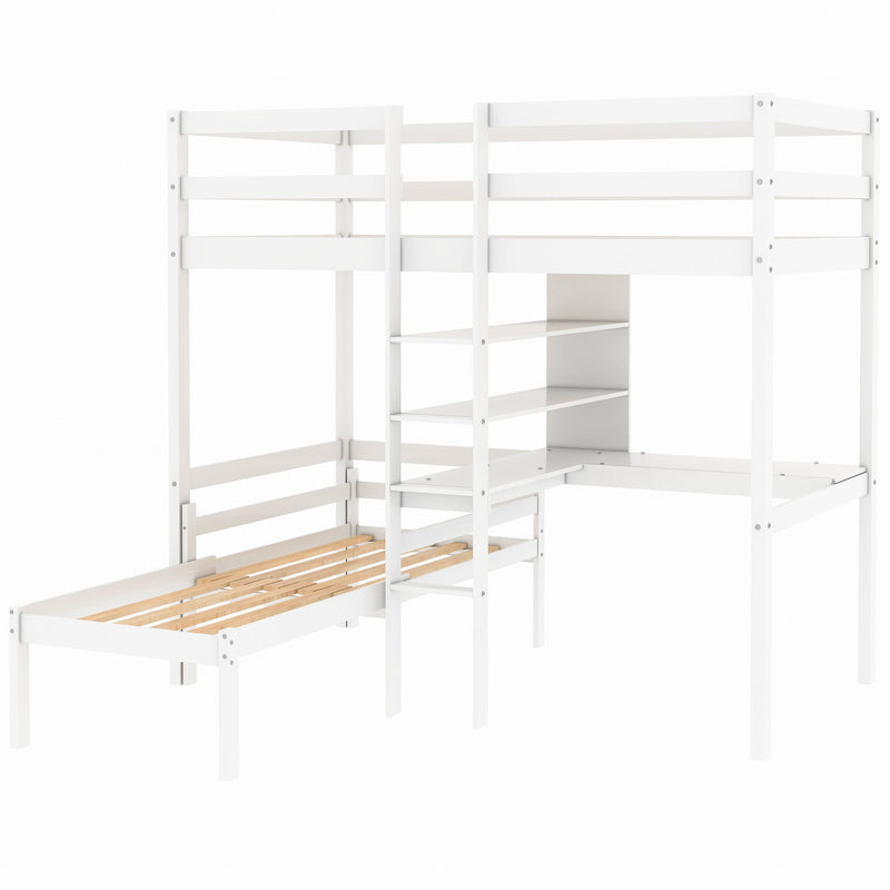 Convertible Loft Bed with L-Shape Desk, Twin Bunk Bed with Shelves and Ladder, White