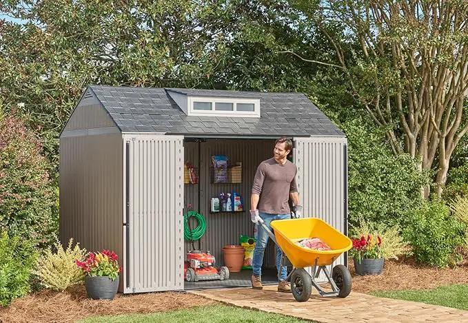 Rubbermaid Extra Large Resin Outdoor Storage Shed With Floor (7 x 10.5 Ft.) Weather Resistant Brown Organization for Home/Lawn Mower/Backyard Equipment/Bike Storage/Pool Supplies, photo 7 of 18