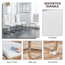 A simple dining table. A dining table with a white marble pattern. 4 PU synthetic leather high backrest cushioned side chairs with C-shaped silver metal legs. DT-SQ-16090-wh