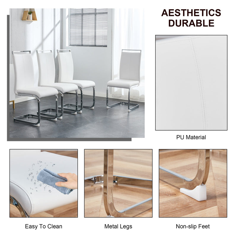 A simple dining table. A dining table with a white marble pattern. 4 PU synthetic leather high backrest cushioned side chairs with C-shaped silver metal legs. DT-SQ-16090-wh