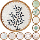 Round Rattan Tray with Mother of Pearl Inlay & Wooden Base - Decorative Wicker Serving Tray for Coffee/Bread/Fruits, Food Storage & Display - Multipurpose Home Decor (L,Little Tree)