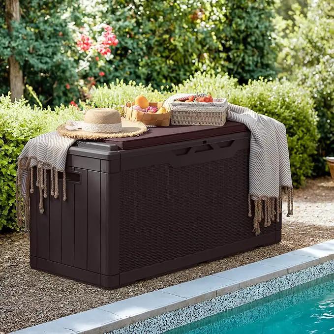 Greesum 100 Gallon Resin Deck Box Large Outdoor Storage with Cushions for Patio Furniture, Garden Tools, Pool Supplies, Weatherproof and UV Resistant, Lockable, Dark Brown, photo 3 of 7