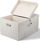 75 Quart Extra Large Decorative Collapsible Storage Bins with Lids, 1 Pack Beige Stackable Boxes by CozyNest Decor
