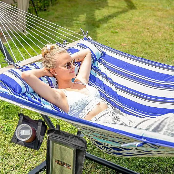 SUNCREAT Double Hammock with Stand, Two Person Cotton Rope Hammock, Blue Stripe, photo 2 of 7