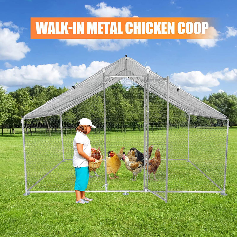 Outdoor Large Metal Chicken Coop 10' x 6.5' x 6.5' Walk-in Poultry Cage Backyard Hen House with Chicken Run Cover