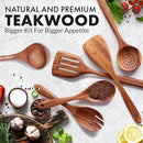 Zulay Kitchen Extra-Large 6-Piece Wooden Spoon Set - Smooth Teak Cooking Utensils - Comfort-Grip Non-Stick Turner, Spatula, Skimmer, Fork, Serving Spoon by CozyNest Decor