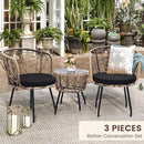 Kromax 3 Piece Bistro Set, Modern Outdoor Wicker Patio Furniture with Tempered Glass Table Top and 2 Chairs, Washable Cushions, Natural Rattan and Black Cushion by CozyNest Decor