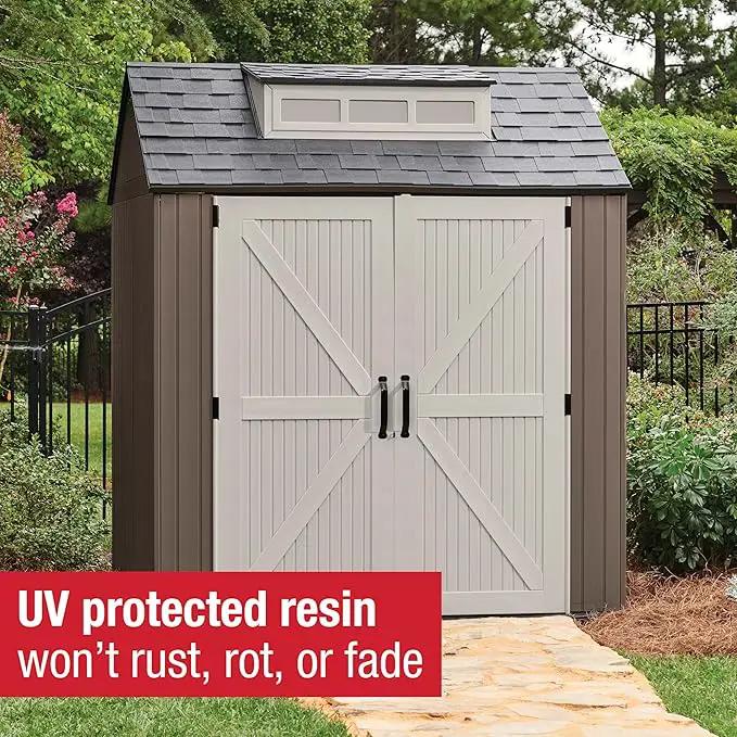 Rubbermaid Large Resin Outdoor Storage Shed With Floor (7 x 7 Ft.), Weather Resistant, Brown, Organization for Home/Lawn Mower/Backyard Equipment/Bike Storage/Pool Supplies, photo 5 of 7