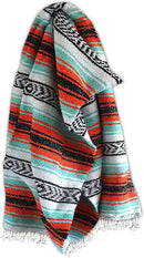 Del Mex Classic Mexican Blanket, Large Authentic Woven Falsa Throw (70"x50"), Artisan Southwest Décor for Beach, Yoga, Outdoors (Mint/Orange) by CozyNest Decor