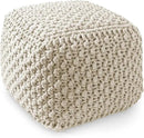 Casafield Square Pouf Ottoman, Natural - 18.5" W x 18.5" D x 14.5" H Cotton Knit Foot Stool - Boho Floor Pouffe for Living Room, Bedroom, Home Office by CozyNest Decor