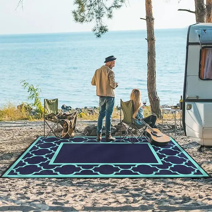 GENIMO 5 ' x 8 ' Outdoor Rug for Patio, Waterproof Indoor Outdoor Plastic Straw Rugs Carpet, Reversible Outside Area Mat for Camping, Balcony Porch, Deck, Picnic, Beach Navy Blue & Jade Green, photo 5 of 7