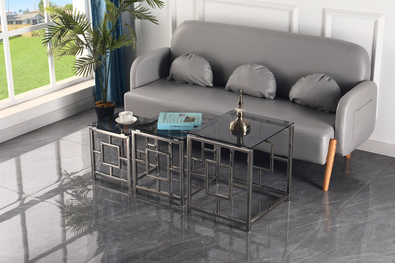 3 Pieces Silver Square Nesting Glass End Tables- Small Coffee Table Set- Stainless Steel End Tables with Dark Gray Tempered Glass- 18" Modern Minimalist Small Coffee Tables for Living Room