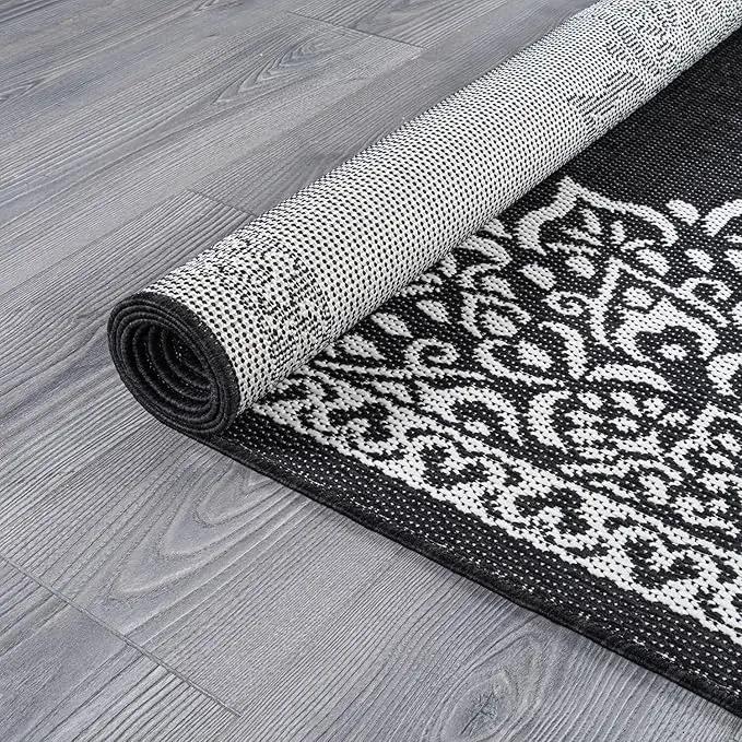 CAMILSON Outdoor Rug, 6x9 Medallion Black White Modern Area Rugs for Indoor and Outdoor Patios, Kitchen and Hallway Mats, Washable Porch Deck Outside Carpet (Medallion Black, 6 x 9), photo 7 of 10