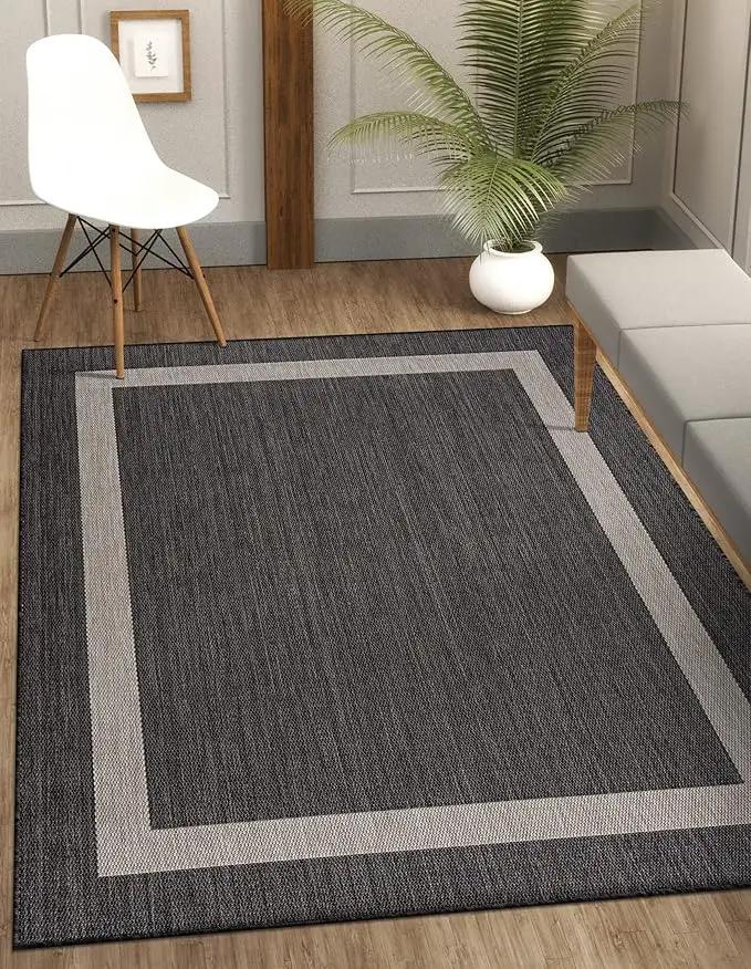 CAMILSON Outdoor Rug 9x12, Large Modern Outside Rugs for Patios Porches Waterproof Durable Washable Non-Shedding, Easy-to-Clean Indoor Outdoor Area Carpet (9 x 12, Bordered - Dark Gray/Light Gray), photo 6 of 9