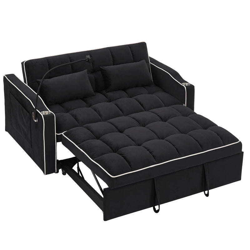 55.51 inch versatile foldable sofa bed in 3 lengths, modern sofa sofa sofa velvet pull-out bed, adjustable back and with USB port and ashtray and swivel phone stand (Black)