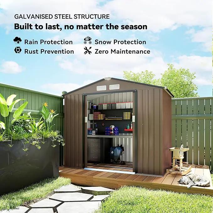 Outsunny 7' x 4' Outdoor Storage Shed, Garden Tool Metal Shed with Foundation Kit, Double Lockable Door, Air Vents and Sloping Roof, for Backyard, Patio, Lawn, Brown, photo 3 of 9