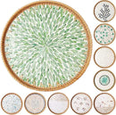 Round Rattan Tray with Mother of Pearl Inlay & Wooden Base - Decorative Wicker Serving Tray for Coffee/Bread/Fruits, Food Storage & Display - Multipurpose Home Decor (L,Green Leaves) by CozyNest Decor