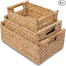 VATIMA Hyacinth Wicker Basket Set 3 size - Rectangular, Wooden Handles, Shelf Organizer, Natural Bins by CozyNest Decor
