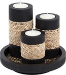 IYARA CRAFT Tealight Candle Holders with Tray – Set of 3 Handmade Wooden Candle Holders with Natural Rope Accent – Rustic Black Decor for Table Centerpiece, Office or Gift by CozyNest Decor