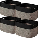 Storage Baskets for Shelves Organizing, Woven Cotton Rope Baskets for Storage, Book Basket, Decorative Shelf Basket, 12.5"Lx9.1''Wx7.9''H (4 Packs) Black & Jute by CozyNest Decor