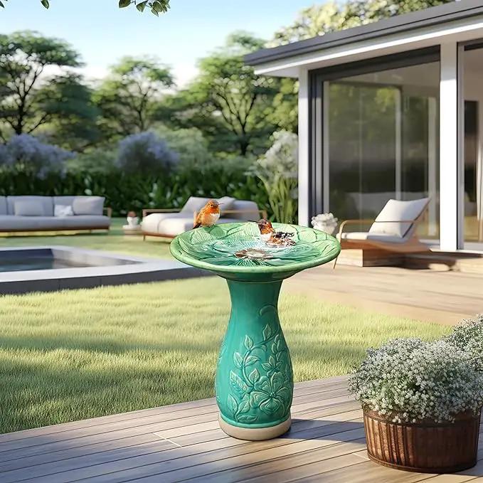 LuxenHome 23 Inch Ceramic Bird Bath for Outside, Elegant Tall Outdoor Bird Bath, Lightweight Pedestal Glazed Birdbaths for Outdoors with Floral Embossed Design, Jade Green, photo 6 of 7