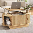 Lift Top Coffee Table with Storage,Oval Wood Coffee Table with Sliding Doors & Hidden Compartment, Fluted Center Table for Home,Living Room,Office, Natural by CozyNest Decor