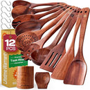 Riveira Dark Teak Kitchen Utensils Set - 12-Piece Non-Toxic Cooking Utensils Set - Wooden Spoons for Cooking - Spatula for Cooking - Teak Wooden Utensils by CozyNest Decor