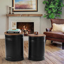Rustic Storage Ottoman Seat Stool, Farmhouse Accent Side Table, Antique Galvanized Metal End Table Box Bin with Round Wooden Lid Set of 2 (Black) by CozyNest Decor