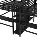 Twin Over Twin Metal Loft Bed with Double Desk and Wardrobe and Shelves with Electrical Outlet for Space Saving and Noise Reduction,Black