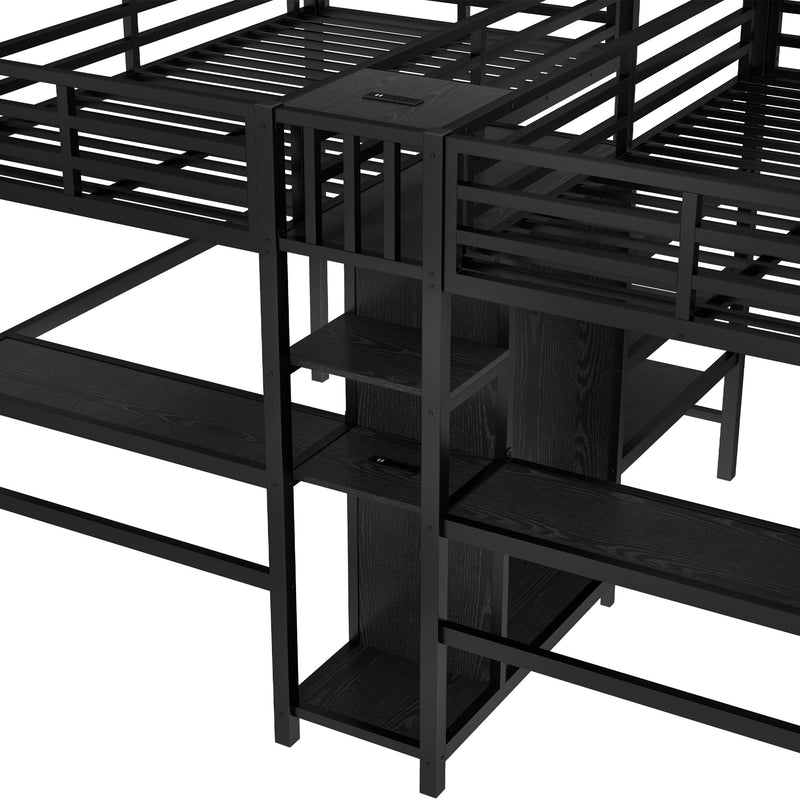 Twin Over Twin Metal Loft Bed with Double Desk and Wardrobe and Shelves with Electrical Outlet for Space Saving and Noise Reduction,Black