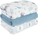 Muslin Swaddle Blankets for Newborn, 3 Pack Breathable Soft Receiving Blanket, Large 38 x 40 inches Swaddle Wrap Burping Clothes Diapers, Essentials Infant Shower Items, Toddler Gift (Blue Dinosaur) by TinyTreasures Baby Boutique