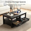 LINSY HOME Farmhouse Coffee Table with Storage, Wood Coffee Table for Living Room, Open Display Area and Storage Drawers with Metal Handles, Chic Style with Curved Base, Black by CozyNest Decor
